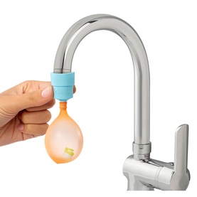 LOL Surprise Water Balloon Tots Doll being filled at a tap, showing orange balloon expanding under running water with blue connector attachment