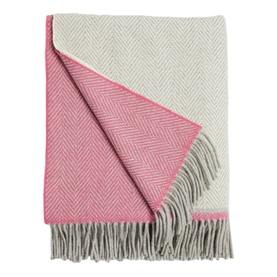 Foxford Lily Throw in pink and grey herringbone weave, dual-sided design with fringed trim and woven logo badge
