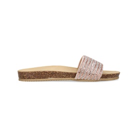 Carvela Comfort Super Crystal-Embellished Flat Sandals in gold, slip-on style with crystal-striped strap and cork-effect contrast sole
