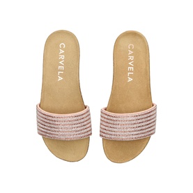 Carvela Comfort Super Crystal-Embellished Flat Sandals in gold, striped crystal strap, round open toe, contrast tan sole, overhead view