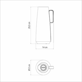 Tramontina Thermal Flask with Interior Glass Container in Grey, dimension diagram showing 29.3cm height, 14cm width, and 12cm base diameter