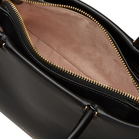 Kate Spade Grace Satchel Crossbody Bag in black smooth leather, open top zip showing blush pink interior lining, gold-tone hardware detail