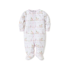 Kissy Kissy Noah's Pink Print Babygrow in white cotton with Noah's Ark print, long sleeves, snap fastening, and enclosed feet