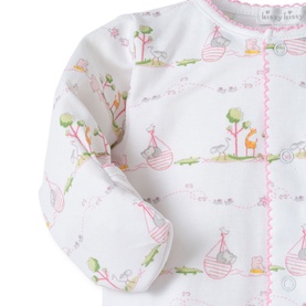 Kissy Kissy Noah's Pink Print Babygrow in white cotton with Noah's Ark print, pink stitch trim, long sleeves, and enclosed feet