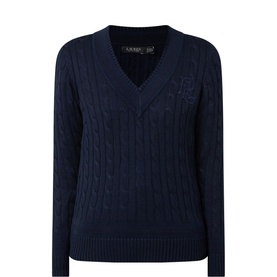 Lauren Meren Cable-Knit Sweater in navy, V-neckline, cable-knit pattern, long sleeves, logo embroidery detail