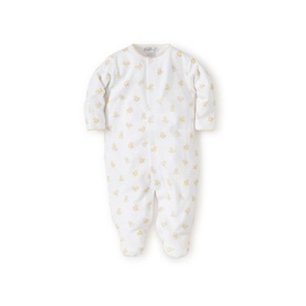 Kissy Kissy Hatchlings Printed Babygrow in white with gold chick print, long sleeves, snap fastenings, and enclosed feet