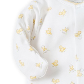 Kissy Kissy Hatchlings Printed Babygrow in white cotton with all-over yellow chick print, long sleeves and snap fastening detail