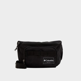 Columbia Zigzag Bum Bag in black, adjustable crossbody strap, zipped front pocket, and logo patch detail