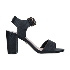 Carvela Sadie 2 Block Heels in black textured synthetic, wide toe strap, adjustable ankle strap with gold-tone buckle, block heel