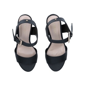 Carvela Sadie 2 Block Heels in black synthetic, wide ankle strap with gold-tone buckle, round open toe, overhead view