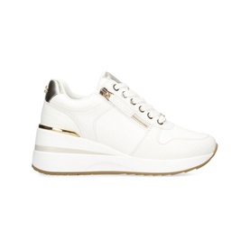 Carvela High Rise Wedge Trainers in white leather with gold-tone hardware, side zip, lace-up fastening, and chunky wedge sole