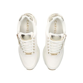 Carvela High Rise Wedge Trainers in white, top-down view showing gold-tone lace eyelets, contrast panelling, and branded gold hardware detail