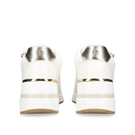 Carvela High Rise Wedge Trainers in white, rear view showing gold-tone Icon C heel stud, gold stripe detailing and chunky white platform sole