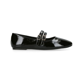 KG by Kurt Geiger Magic Ballet Flats in black patent, round toe, double ankle straps with gold-tone buckles, flat sole