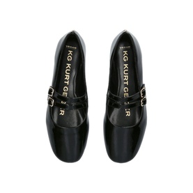 KG Kurt Geiger Magic Ballet Flats in black patent with double straps and gold-tone buckle fastening, round toe, overhead view