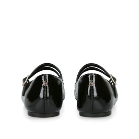 KG by Kurt Geiger Magic Ballet Flats in black patent, rear view showing double straps with gold-tone buckles and brand heel stud