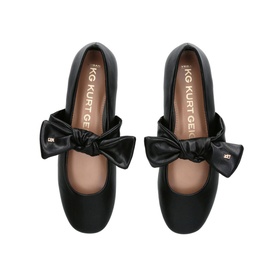 KG by Kurt Geiger Master Bow Ballet Flats in black faux-leather, round toe, with oversized satin self-tie bow and gold-tone logo hardware