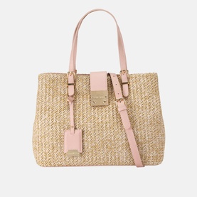 Carvela Midi Mandy 2 Tote Bag in pink raffia with gold-tone hardware, pink leather handles, branded luggage tag, and adjustable crossbody strap