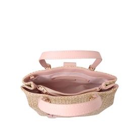 Carvela Midi Mandy 2 Tote Bag in pink, showing open interior with raffia exterior, pink lining, and gold-tone hardware detail