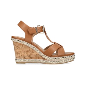 Carvela Super Stud Wedges in beige, T-bar strap, buckle fastening, cork-effect wedge heel with stud embellishment and woven details