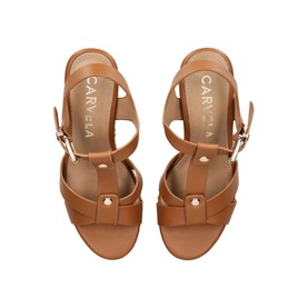 Carvela Super Stud Wedges in beige, top-down view showing T-bar strap, stud embellishment, buckle fastening and almond-toe silhouette