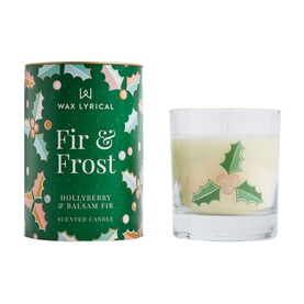 Wax Lyrical Fir and Frost Candle with green holly-printed gift tube, cream wax in clear glass jar with festive holly decal