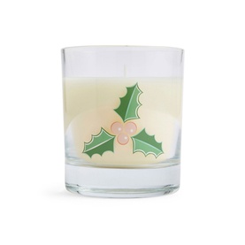 Wax Lyrical Fir and Frost Candle in clear glass vessel with cream wax and festive holly berry decoration