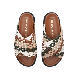KG by Kurt Geiger Rosella Braided Sandals in multi, top-down view showing woven crossover straps in brown, cream and khaki tones with dark tread sole