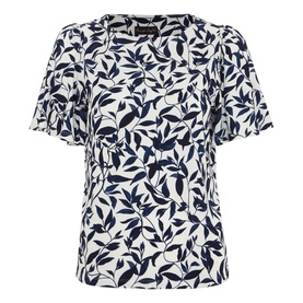 Phase Eight Nayana Leaf Print Blouse in blue, white and navy all-over leaf print, round neckline, short flutter sleeves, straight hem