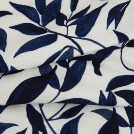 Phase Eight Nayana Leaf Print Blouse in blue and white, close-up of all-over navy leaf print on smooth fabric