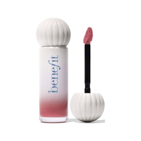 Benefit Splashtint Moisturising Dewy Lip Tint 6ml in pink, white ombre bottle with pumpkin-shaped cap and doe-foot applicator wand