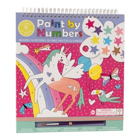 Floss and Rock Paint by Numbers Fantasy Set, multi-coloured spiral-bound pad featuring unicorn design, includes paintbrush, 10 pictures and palettes