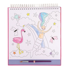 Floss and Rock Paint by Numbers Fantasy Set, open spiral-bound pad showing mermaid and flamingo design with paintbrush included