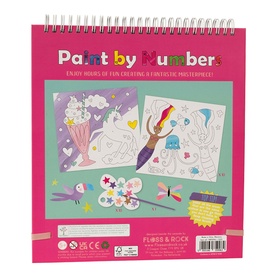 Floss and Rock Paint by Numbers Fantasy Set, multi-coloured spiral-bound pad showing unicorn and fairy illustrated pages with paintbrush