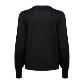 Kaffe Lizza Knitted Cardigan in Black Deep, back view, balloon sleeves, ribbed cuffs and hem, round neckline, fine knit fabric