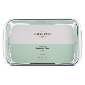 Mason Cash Rectangular Roasting Dish in clear borosilicate glass, deep rectangular form with sage green branded packaging visible inside