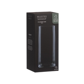 Ravenhead Cylinder Glass Vase in clear, tall cylindrical shape with superior clarity, shown in product packaging box