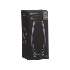Ravenhead Bullet Glass Vase in clear, shown with packaging box. Curved silhouette, heavy base, superior clarity glass