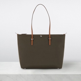 Lauren Keaton Medium Tote Bag in olive nylon with tan trim, silver-tone hardware, monogram logo, and dual top handles
