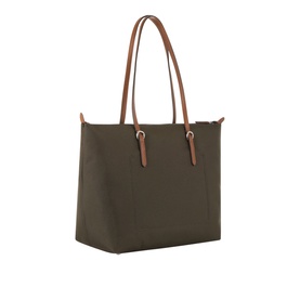Lauren Keaton Medium Tote Bag in olive nylon with tan trim, dual top handles, and gold-tone hardware detail