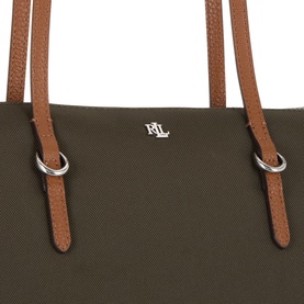 Lauren Keaton Medium Tote Bag in olive nylon with tan trim, silver-tone hardware, monogram logo, and double top handles