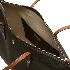 Lauren Keaton Medium Tote Bag in olive, open top view showing interior, silver-tone zip, tan trim handles and monogram logo detail
