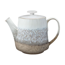 Denby Kiln Straight Teapot in beige stoneware with speckled reactive glaze, curved spout, and knob lid