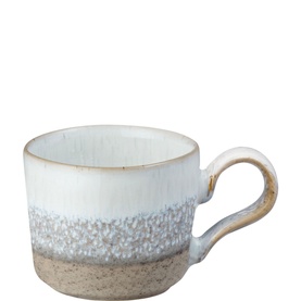 Denby Kiln Espresso Cup in beige stoneware with layered reactive glaze effect in white, speckled grey and sandy tones with looped handle