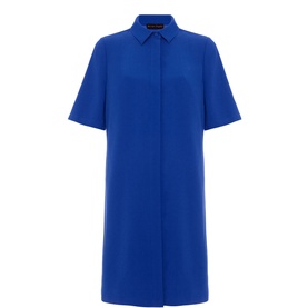 Phase Eight Cara Tunic Dress in blue with pointed collar, short sleeves, concealed button placket and straight hemline