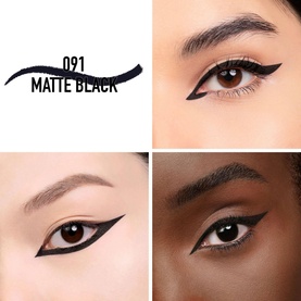 Dior Diorshow 24H Stylo Waterproof Eyeliner in 091 Matte Black, shown on three models with bold liner looks including cat-eye styles