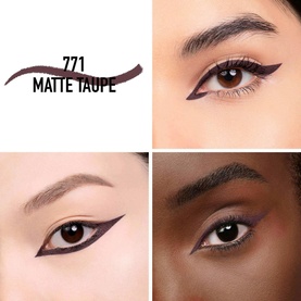 Dior Diorshow 24H Stylo Waterproof Eyeliner in 771 Matte Taupe shown on two models with precise winged liner application