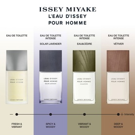 Issey Miyake L'Eau d'Issey pour Homme 4-bottle fragrance lineup showing Solar Lavender Eau de Toilette Intense alongside three flankers