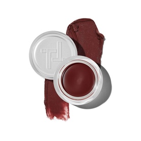 Trinny London Lip2Cheek Colour in Munchkin, 4g pot with lid off showing deep berry-red cream formula with swatch behind