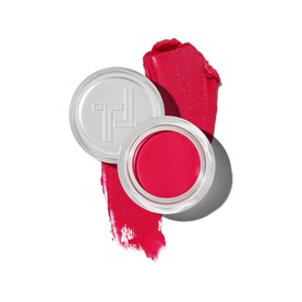 Trinny London Lip2Cheek Colour in Milly, 4g compact with lid open showing vivid pink-red cream formula with swatch